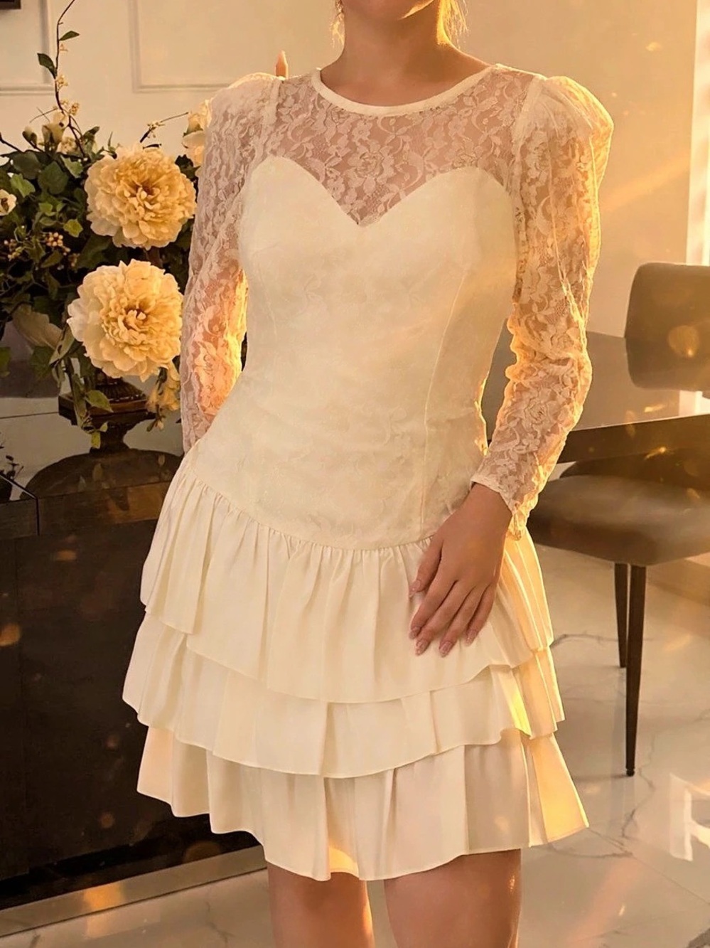 Vintage Rampage Ivory Lace Mini Dress Puff Sleeve Bridal